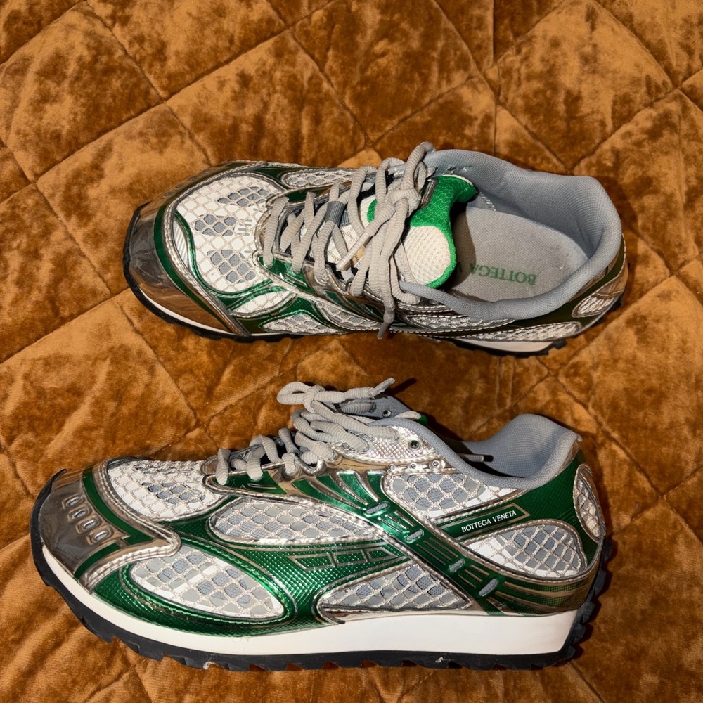 Authentic Bottega Veneta Silver and Green Orbit Runner Sneakers